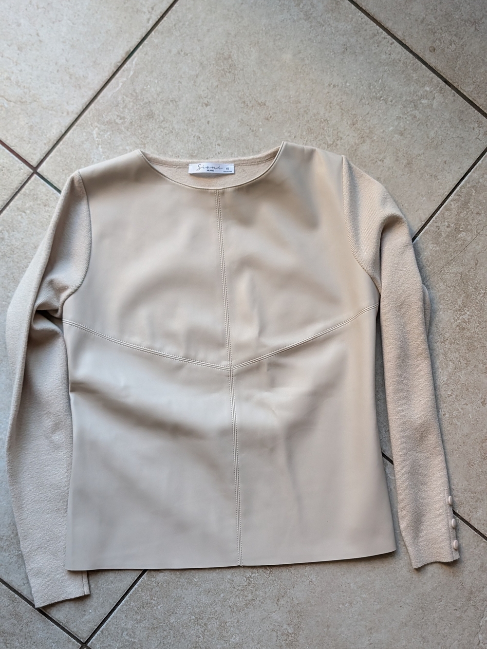NWOT Sioni Milano Cream Faux Leather Mixed Media Sweater Top - Size XS